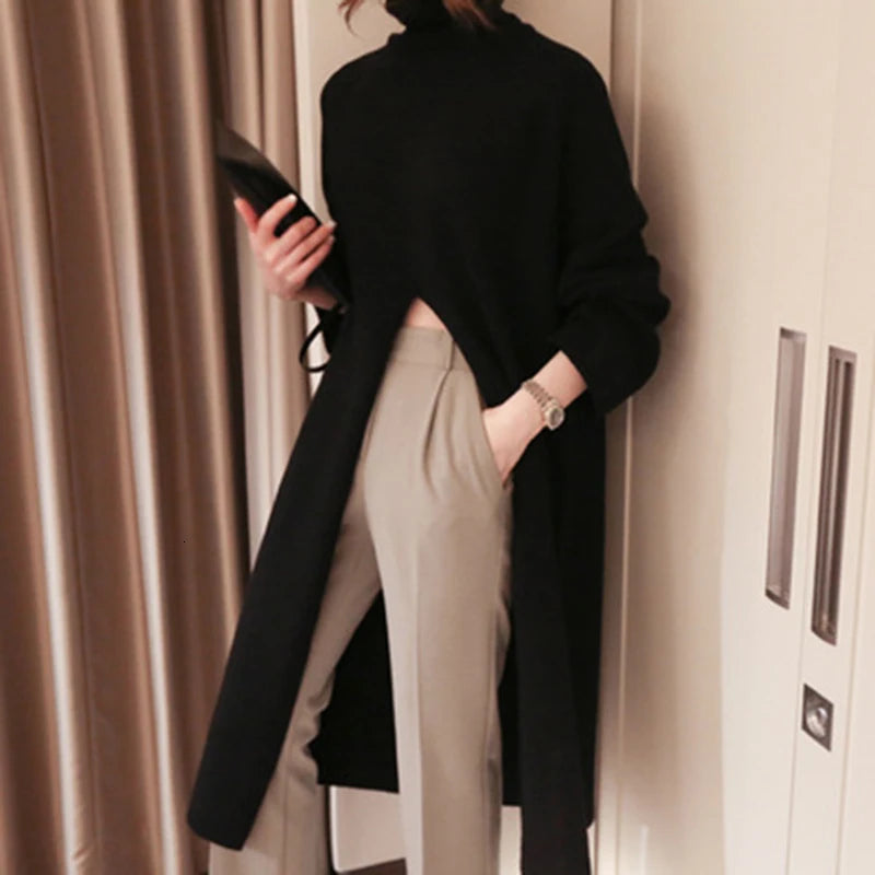 TWOTWINSTYLE Long Turtleneck Split Black Knitted Sweater Pullover Top