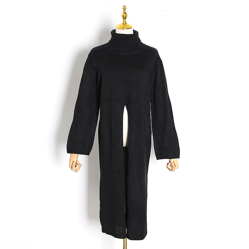 TWOTWINSTYLE Long Turtleneck Split Black Knitted Sweater Pullover Top