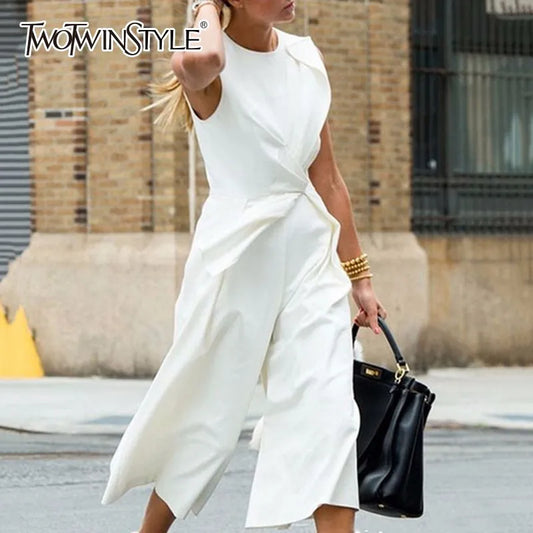 TWOTWINSTYLE Sleeveless Tunic High Waist Jumpsuit Ankle Length Wide Leg Trousers