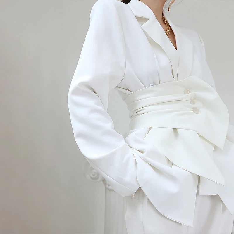 TWOTWINSTYLE White Minimalist Blazer, Long Sleeve & Sash Waist Detail