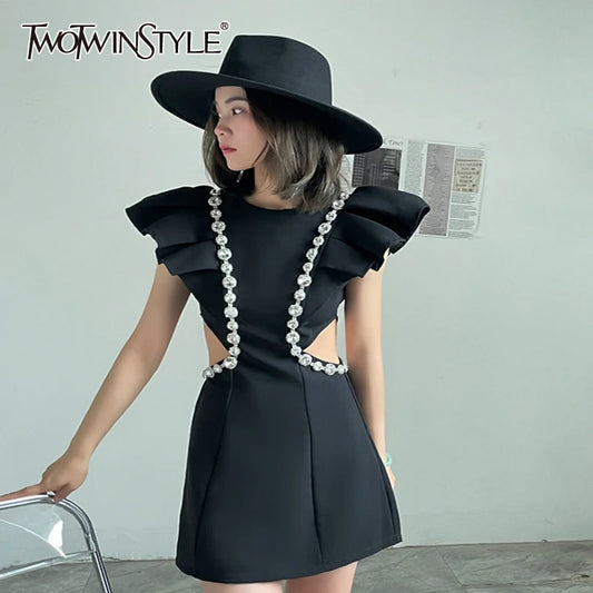 TWOTWINSTYLE Black Ruffle Dress Round Neck Sleeveless High Waist Hollow Out Diamond Detail Mini Dresse