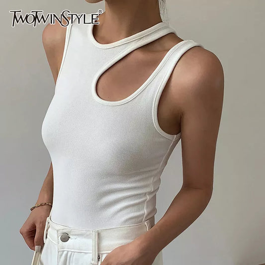 TWOTWINSTYLE Casual White Cut Out Women's T Shirt Round Neck Sleeveless Slim Fit T Shirt