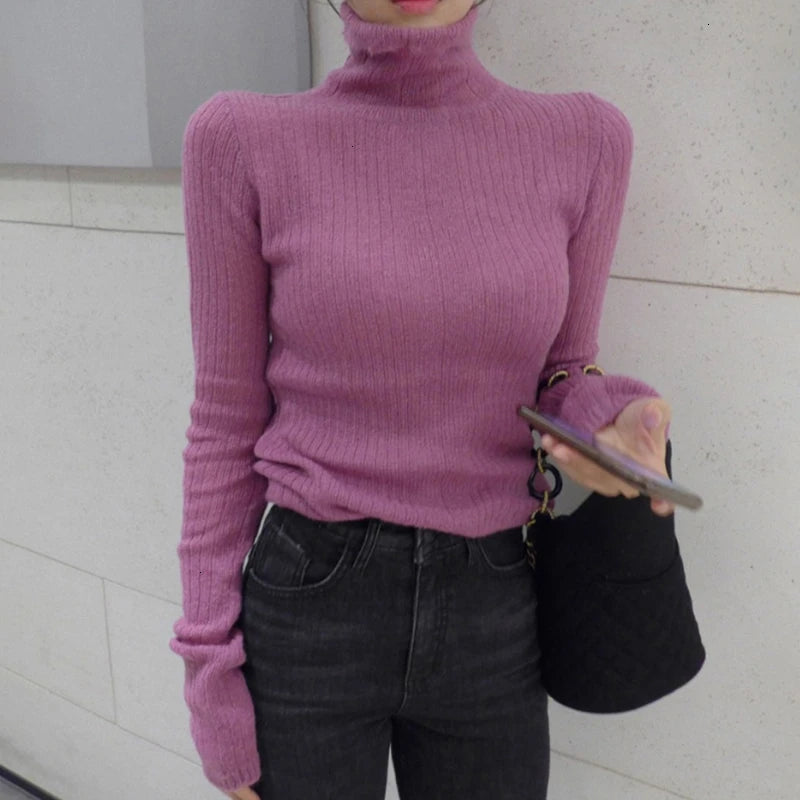TWOTWINSTYLE Turtleneck Knitted Sweater Slim Fit Long Sleeve Pullover