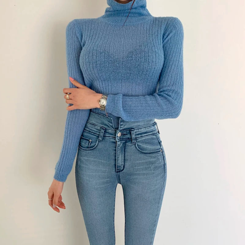 TWOTWINSTYLE Turtleneck Knitted Sweater Slim Fit Long Sleeve Pullover