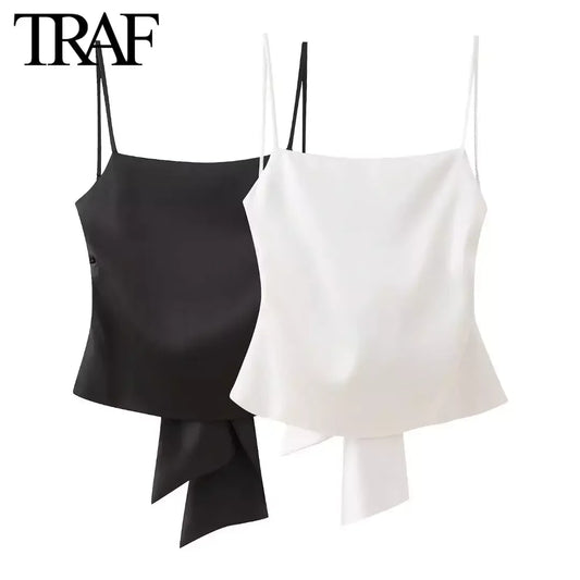 Tie Bow White Satin Backless Sling Crop Top