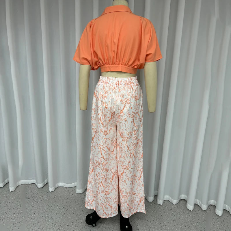 Wefads Two Piece Co-ord Set Cropped Top Shirt & Elegant Floral Print High Waist Wide Leg Trousers