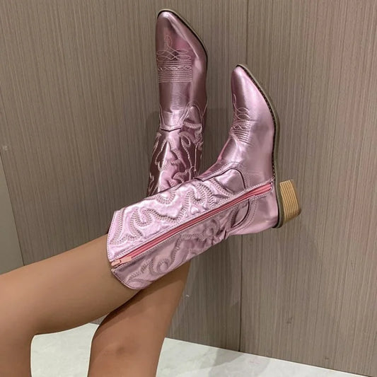 Cowboy Western Boots for Women Shiny Metallic Women's Embroidery Knee High Stiletto Pointed Toe Pink Shoes