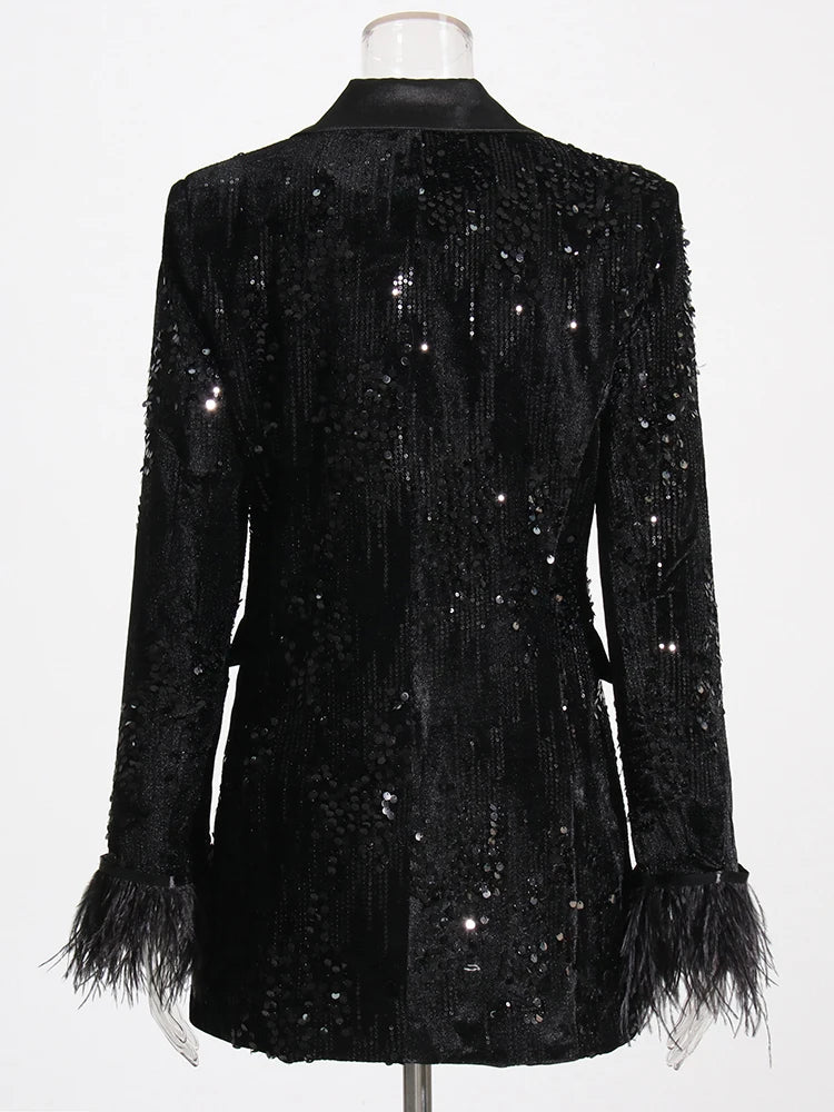 TWOTWINSTYLE Sequins Black Blazer For Women Long Sleeve & Feathers Cuff Detail