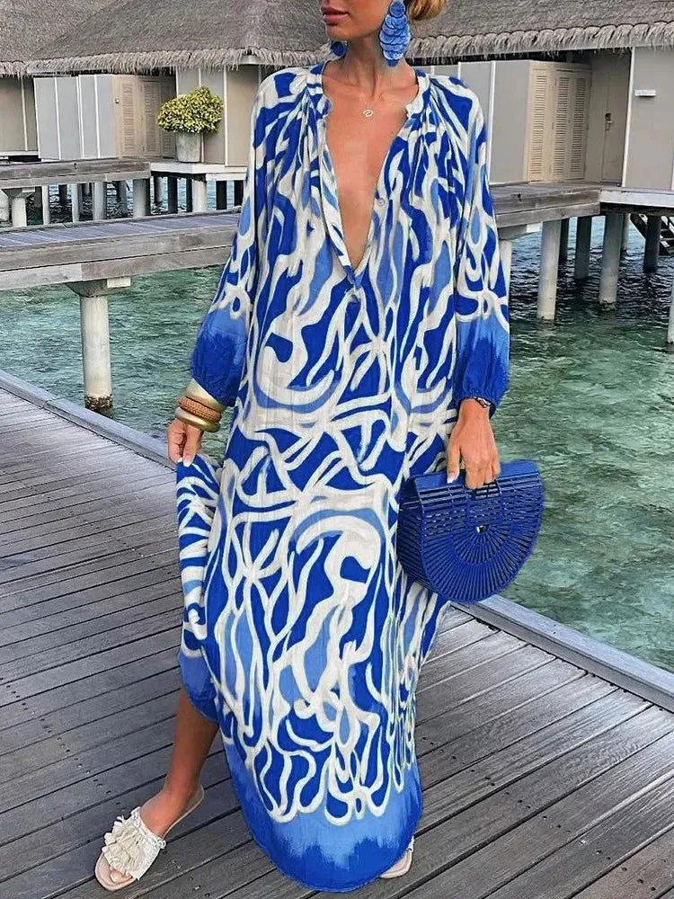 Boho Maxi Dress - Long Sleeve Loose Beach Cover Up