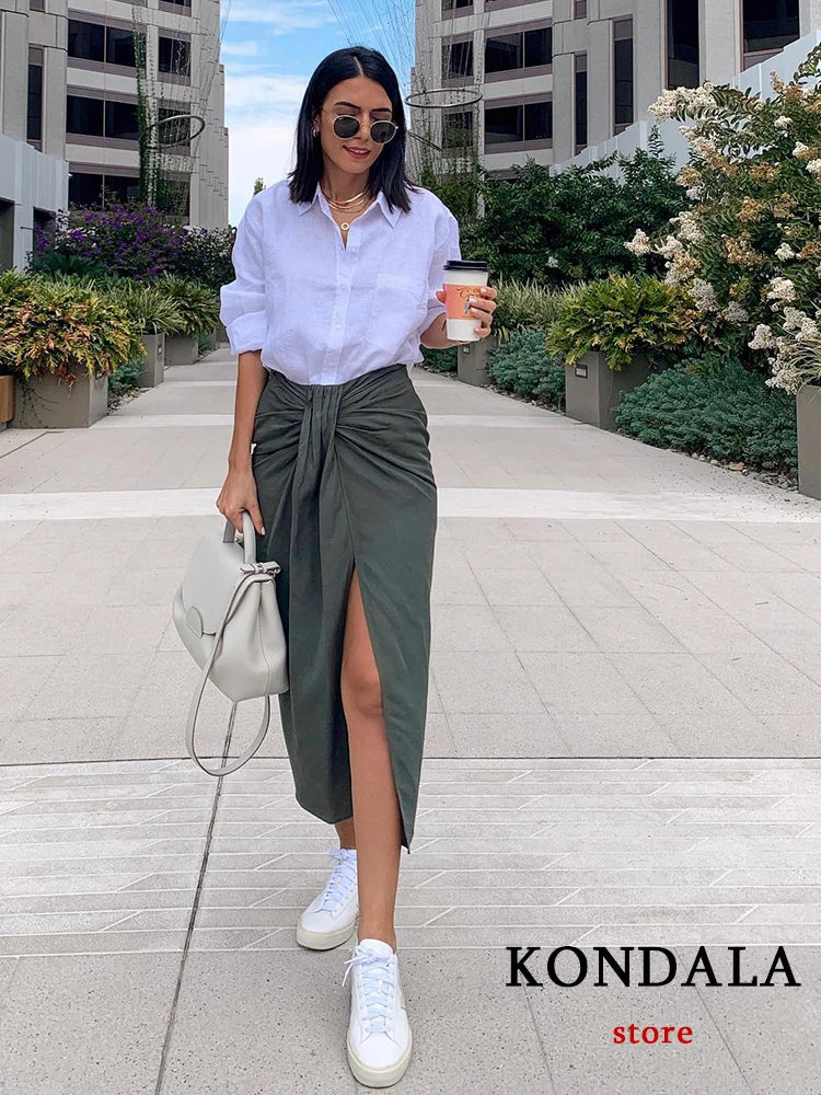 KONDALA  Two Peice Wrap Co-ord Set Long Sleeve Bow Shirt with Split Pleated Skirt