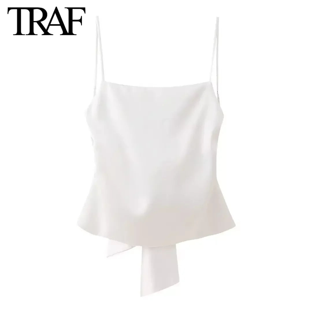 Tie Bow White Satin Backless Sling Crop Top