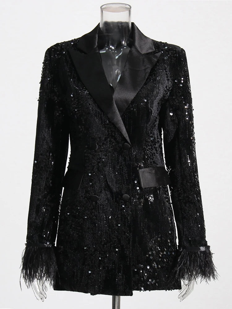 TWOTWINSTYLE Sequins Black Blazer For Women Long Sleeve & Feathers Cuff Detail