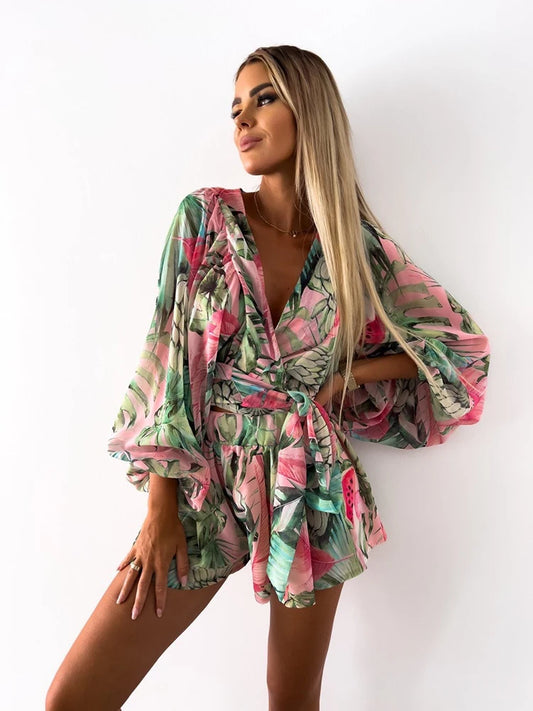 Floral Print Boho Beach Vacation Outfit, Sexy Lantern Sleeve Rompers, Casual Shorts, Summer Fashion